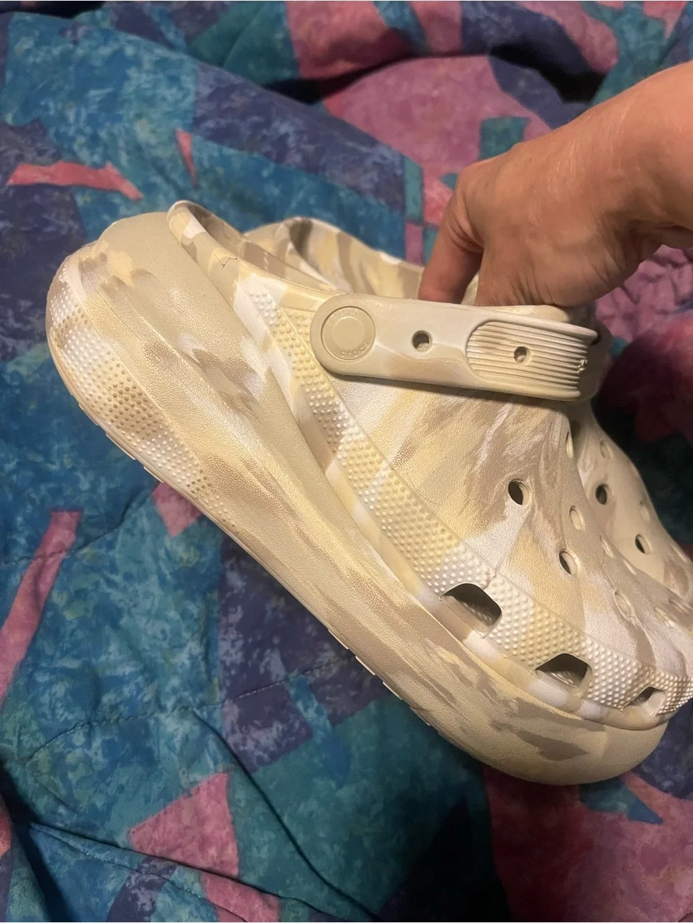 CROCS Platform Clogs in Cream and White Tie-Dye
